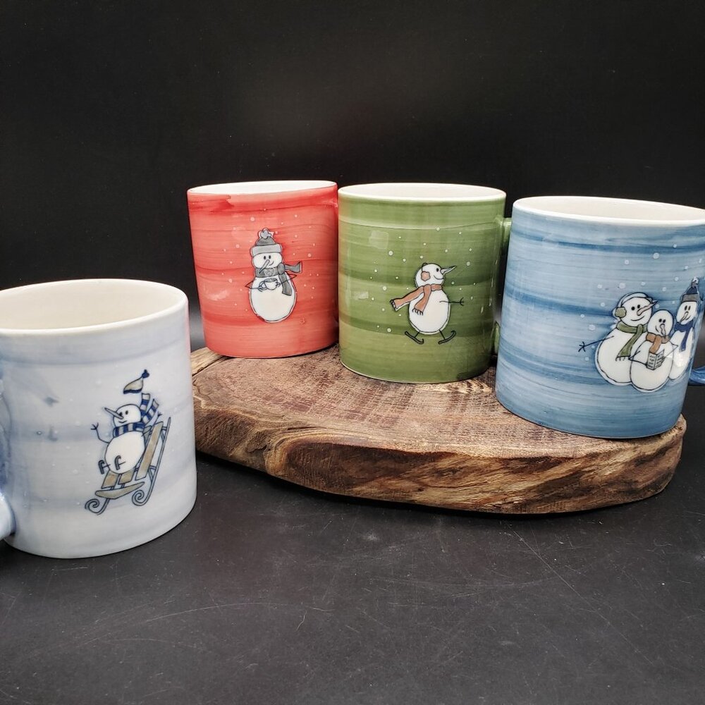 Eddie Bauer Snowman Coffee Mugs Set of 4 Winter Christmas Ceramic Cups